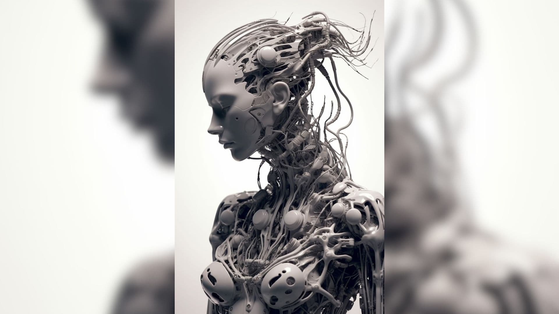 Et illustrasjonsbilde av en menneskelig robot i grått med skygger, generert av AI.