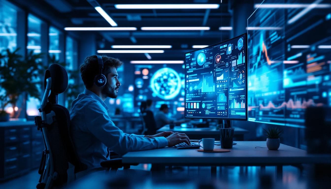 A photograph of a futuristic workspace featuring a person engaging with advanced ai technology
