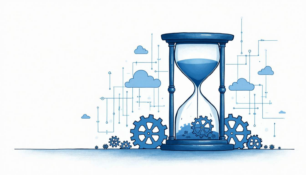 An hourglass with gears and cogs integrated into the sand