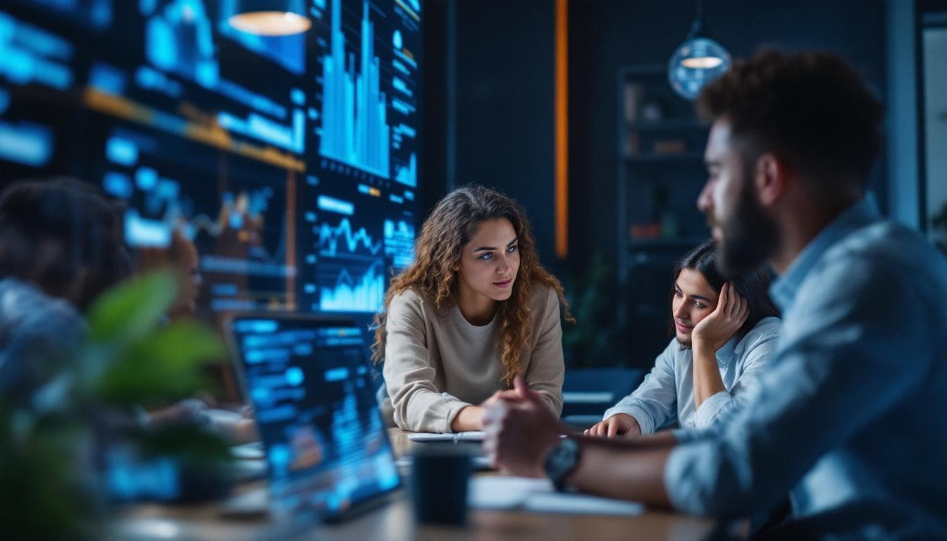 A photograph of a diverse group of professionals engaged in a collaborative brainstorming session around a digital interface displaying ai data visualizations