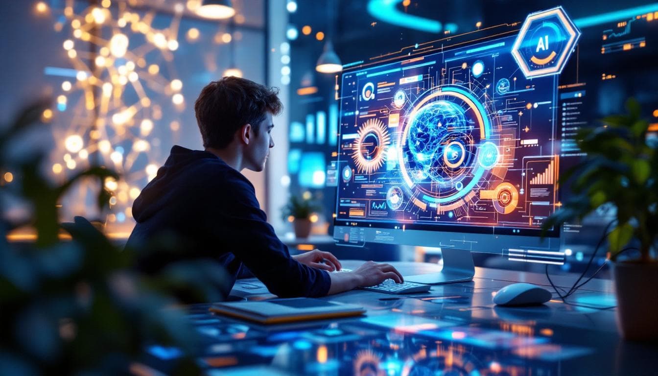 A photograph of a futuristic workspace featuring a person engaging with advanced ai technology on a computer