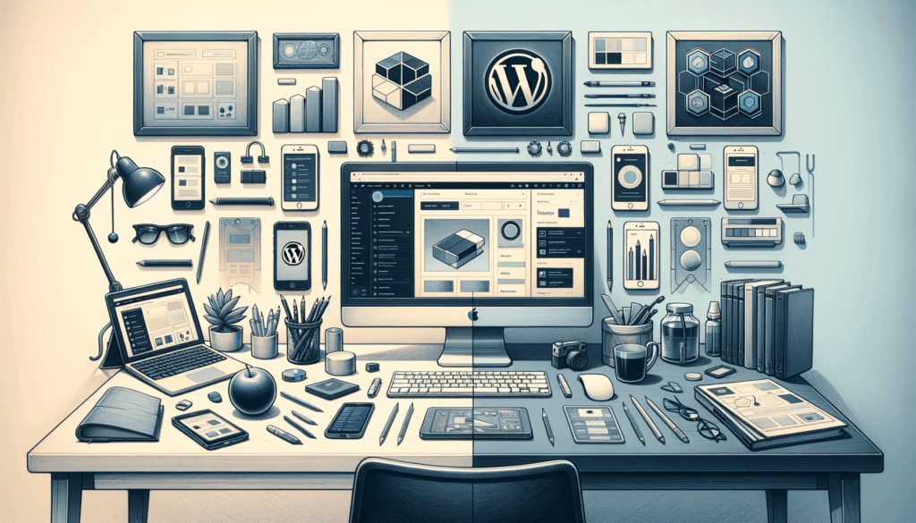 Draw an illustration of a split-screen design showcasing a traditional wordpress setup on one side with a visible dashboard and themes