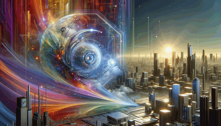 An abstract representation of a futuristic cityscape interwoven with digital elements