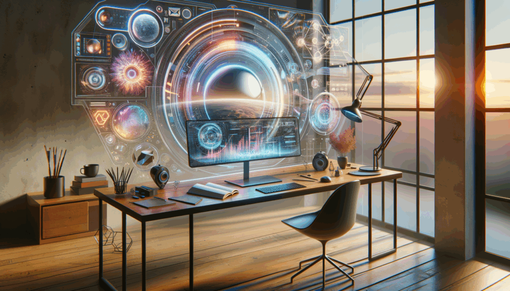 A futuristic writing desk equipped with advanced AI tools and holographic displays