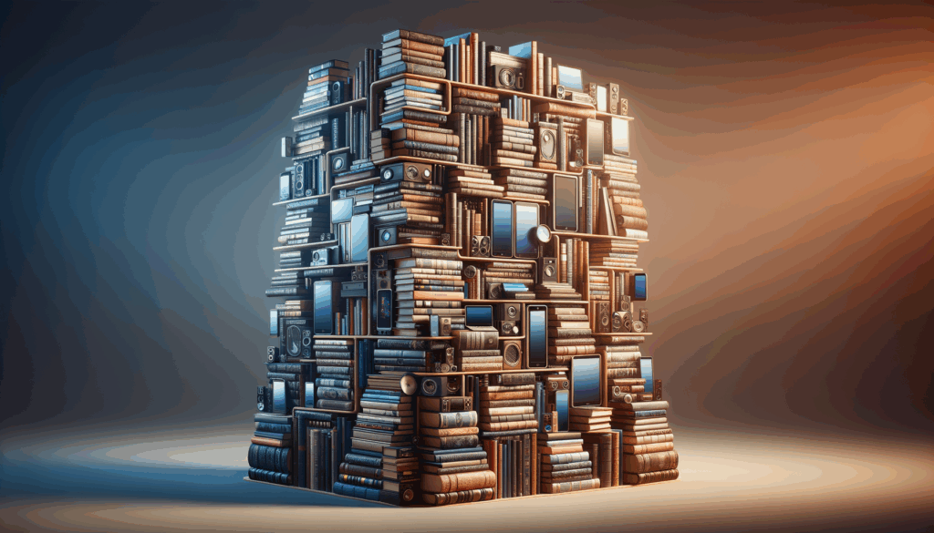 A towering bookshelf filled with diverse books and digital devices