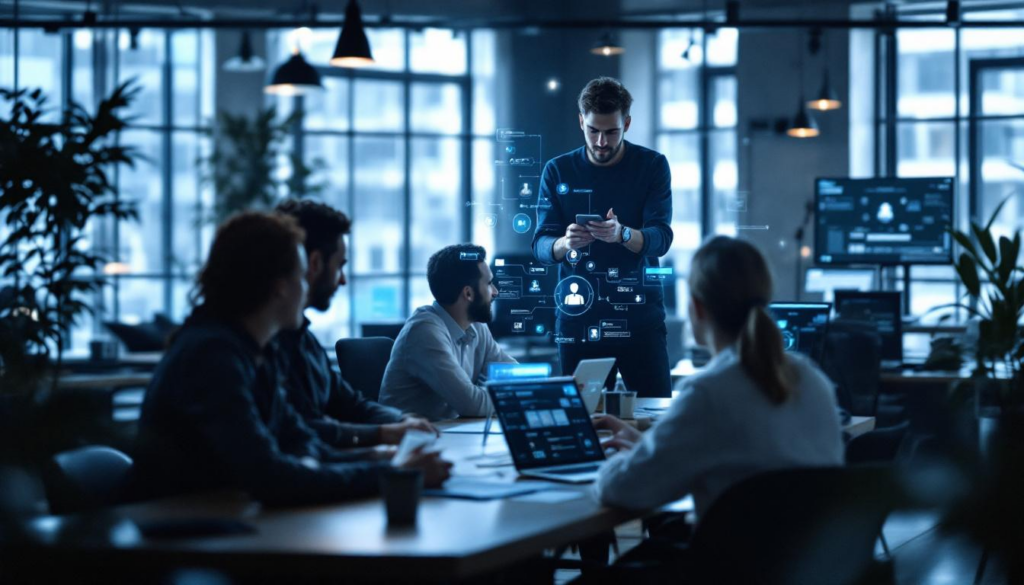 A photograph of a modern office environment where professionals are actively engaging with ai technology
