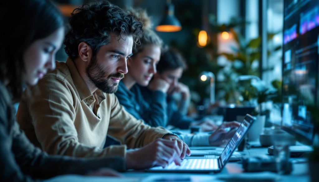 A photograph of a diverse group of people engaging with various ai technologies in everyday settings