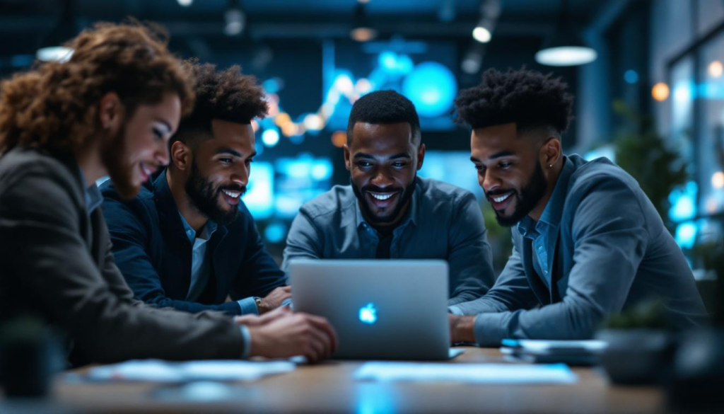 A photograph of a diverse group of business professionals collaborating around a laptop