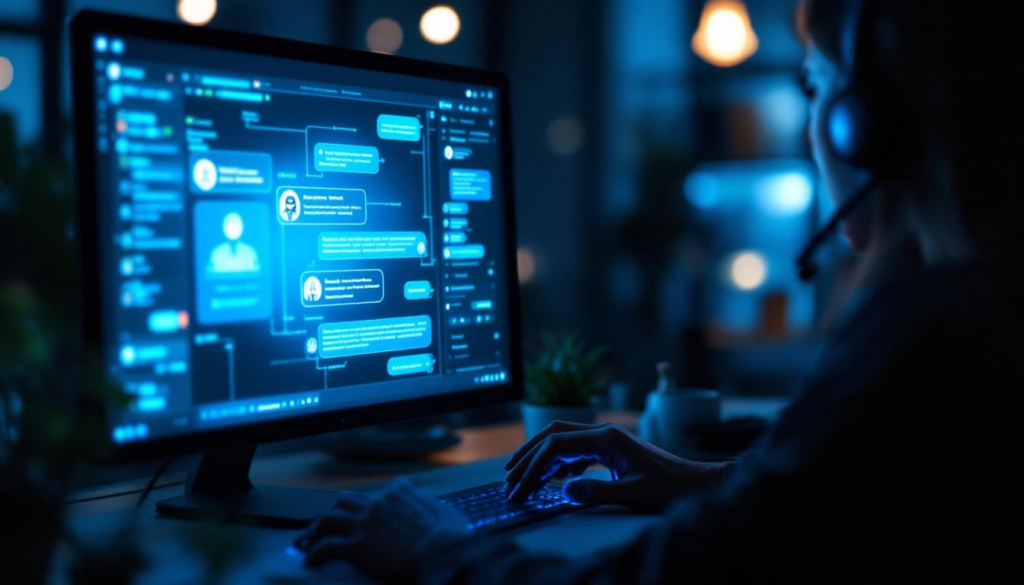 A photograph of a customer service representative engaging with an ai-driven chatbot on a computer screen