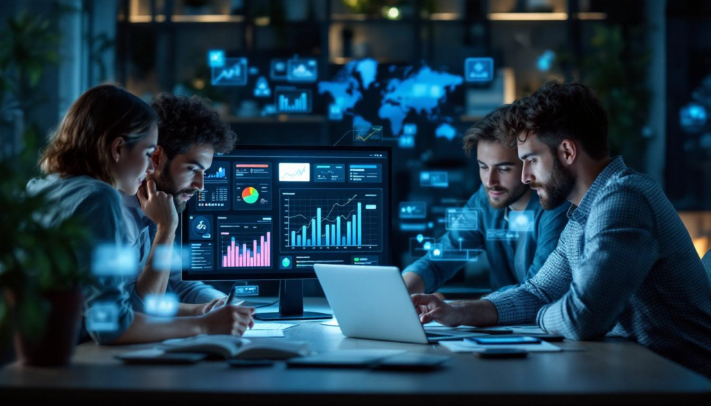 A photograph of a diverse group of marketers collaborating around a laptop