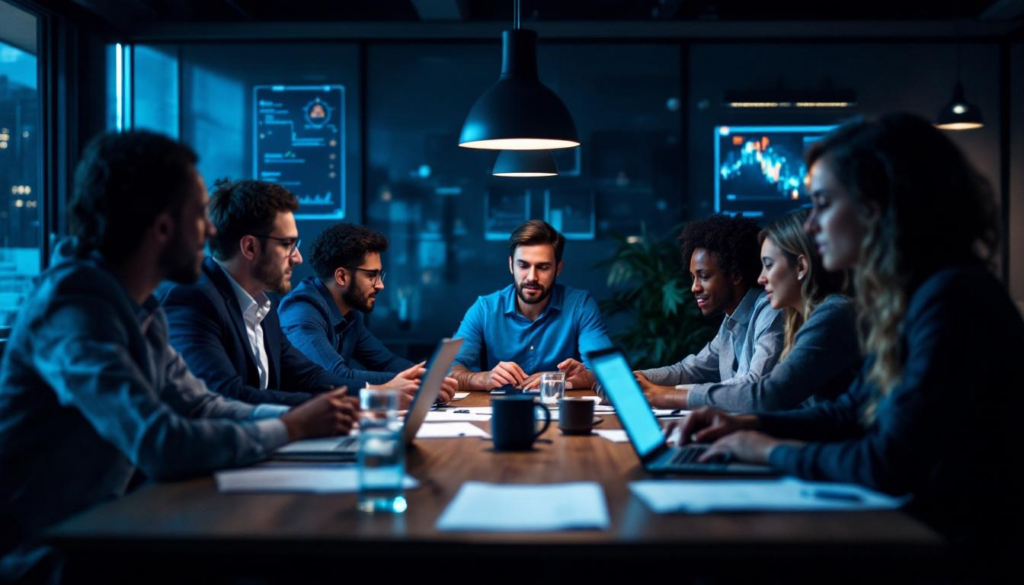 A photograph of a diverse group of professionals engaged in a collaborative discussion around a table
