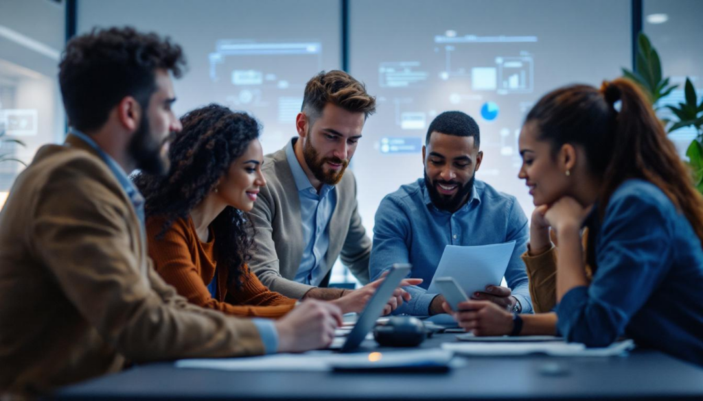 A photograph of a diverse group of employees and leaders engaged in a collaborative discussion