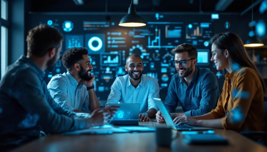 A photograph of a diverse team of small to medium-sized business employees engaged in a collaborative brainstorming session