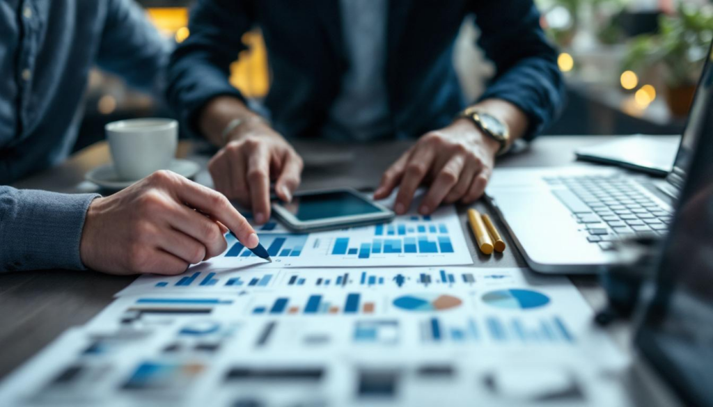 A photograph of a small business owner or team engaged in a dynamic brainstorming session with digital devices