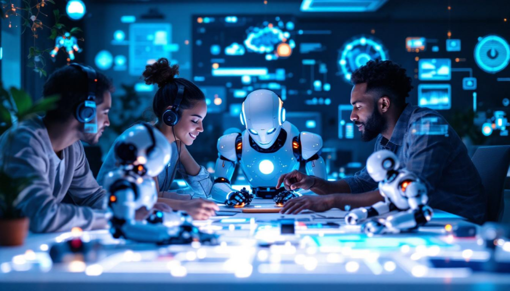 A photograph of a diverse group of people engaging with various forms of technology