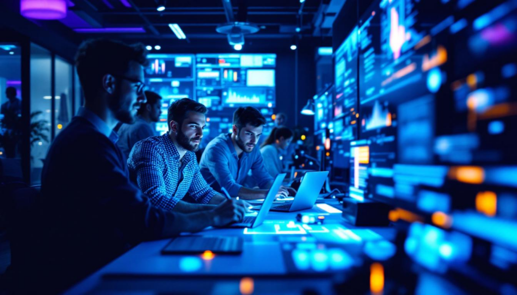 A photograph of a dynamic workspace where a diverse team of professionals works alongside advanced technology