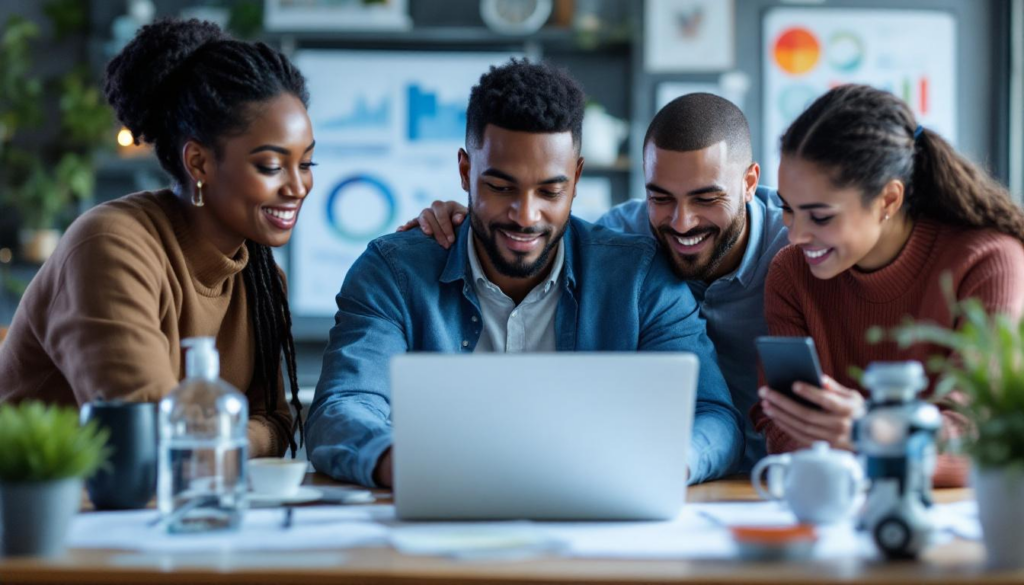 A photograph of a diverse group of small business owners collaborating around a laptop