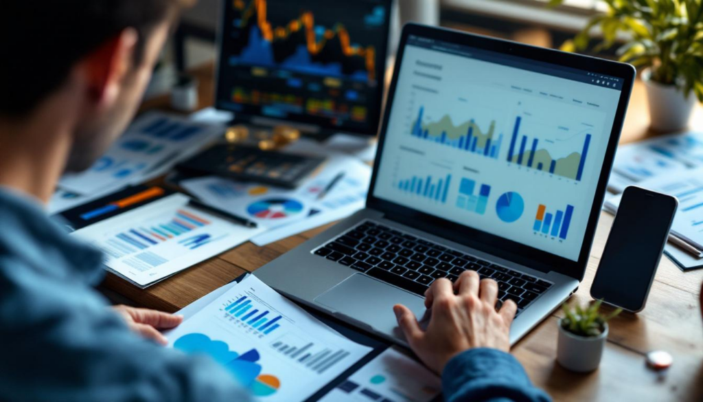 A photograph of a small business owner or accountant working on a laptop surrounded by financial documents