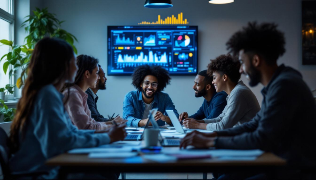 A photograph of a diverse group of people engaged in a collaborative brainstorming session