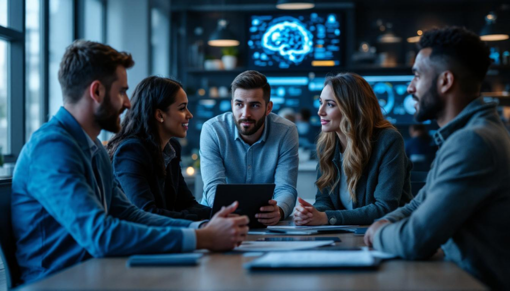 A photograph of a diverse group of professionals in a modern office setting