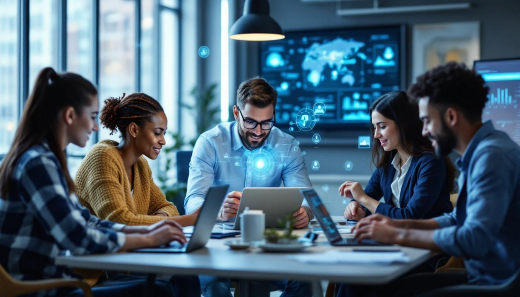 A photograph of a diverse group of professionals collaborating around a modern workspace