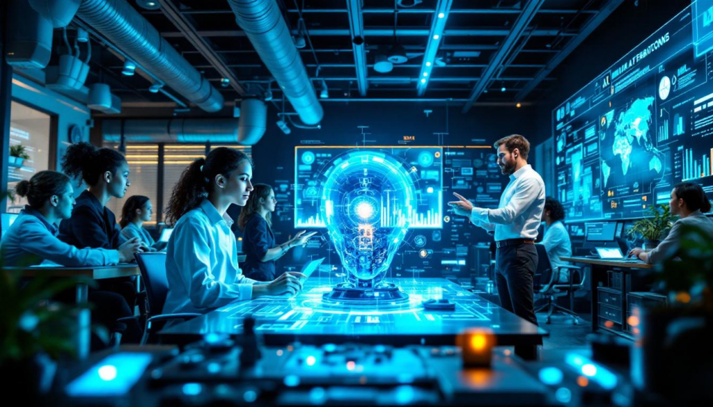 A photograph of a futuristic office environment where diverse professionals are collaborating with advanced ai technology