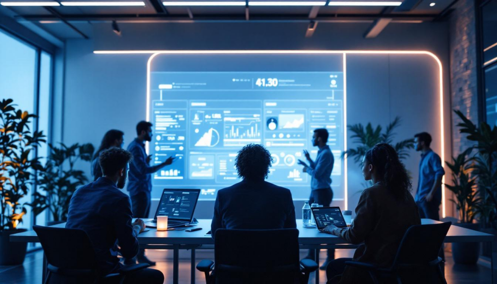 A photograph of a futuristic workspace featuring a diverse group of people collaborating around a sleek computer interface displaying ai data and visualizations