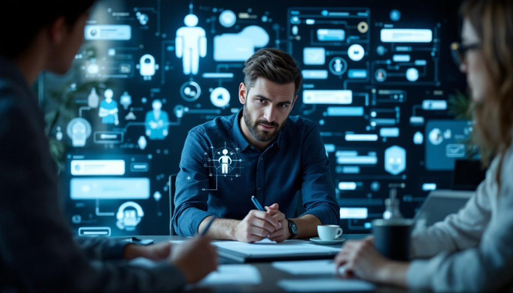 A photograph of a business professional engaged in a collaborative brainstorming session