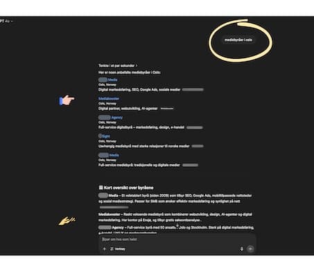 Skjermbilde av søk etter mediebyråer i Oslo, og Mediabooster har blitt nevn med måde tittel, beskrivelse og sammendrag. Dette beviser viktigheten av å være synlig i AI Overview- søk, og hvordan å bli synlig i Chat GPT.