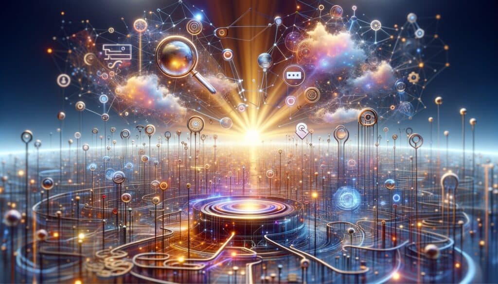 Illustration depicting a universe of AI-powered opportunities for businesses, showcasing innovation, automation, data-driven growth, and the future potential of artificial intelligence across industries.