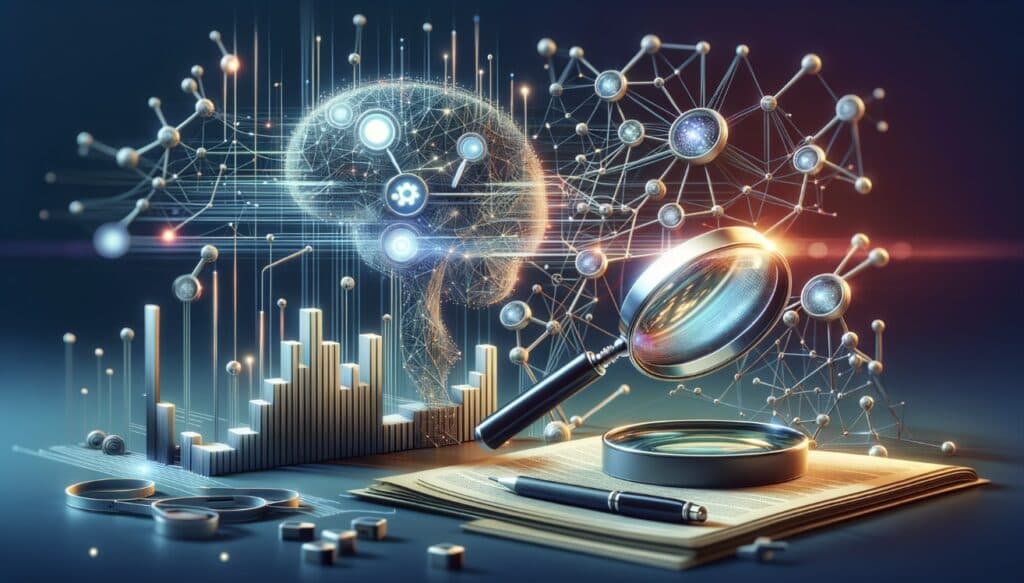 illustrert bilde av en intelligens som ser nærmere på informasjon i et hav av data og ai