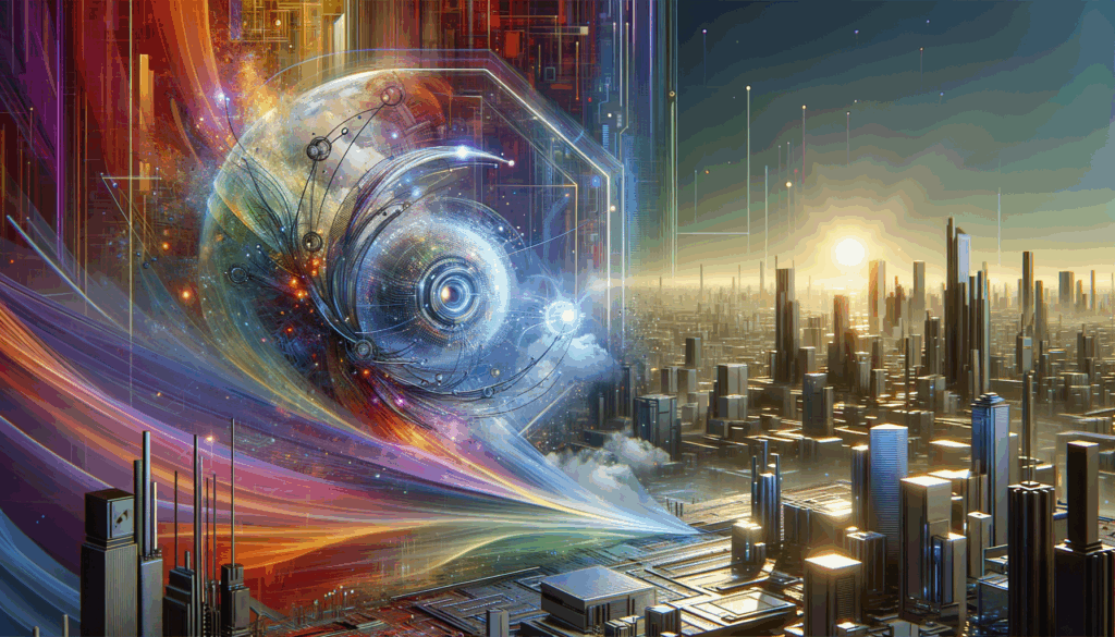 An abstract representation of a futuristic cityscape interwoven with digital elements