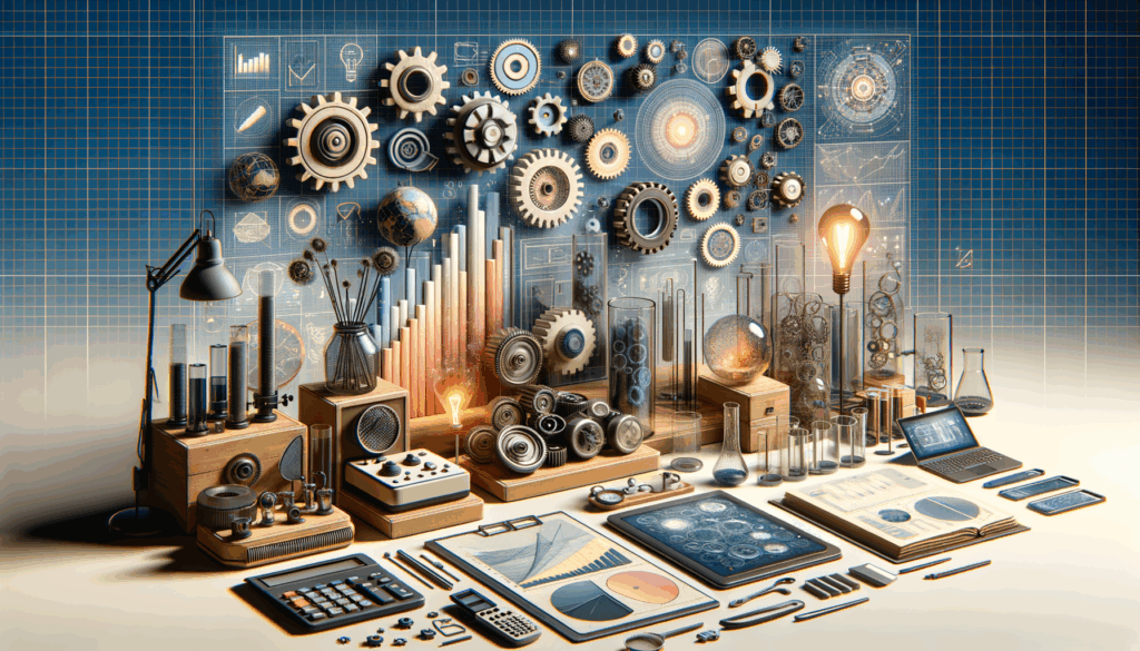 A diverse array of industry-related tools and symbols