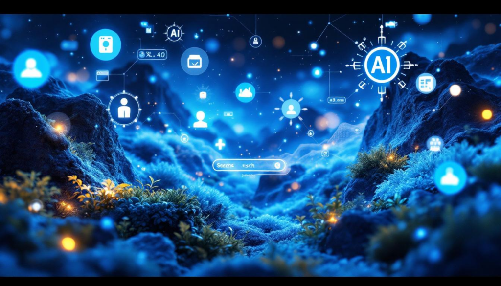 Et futuristisk landskap i blåtoner med glødende planter og ikoner som representerer kunstig intelligens, mennesker og teknologi svevende i luften. Bildet visualiserer samspillet mellom natur og digital teknologi, med et tydelig fokus på AI og nettverkstilkoblinger.
