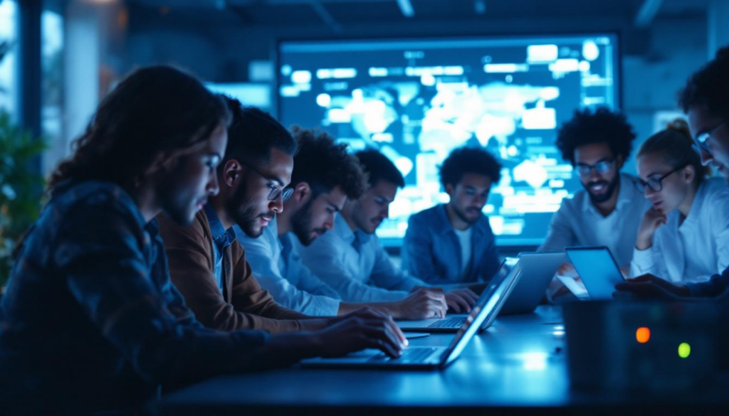 A photograph of a diverse group of people engaging with technology