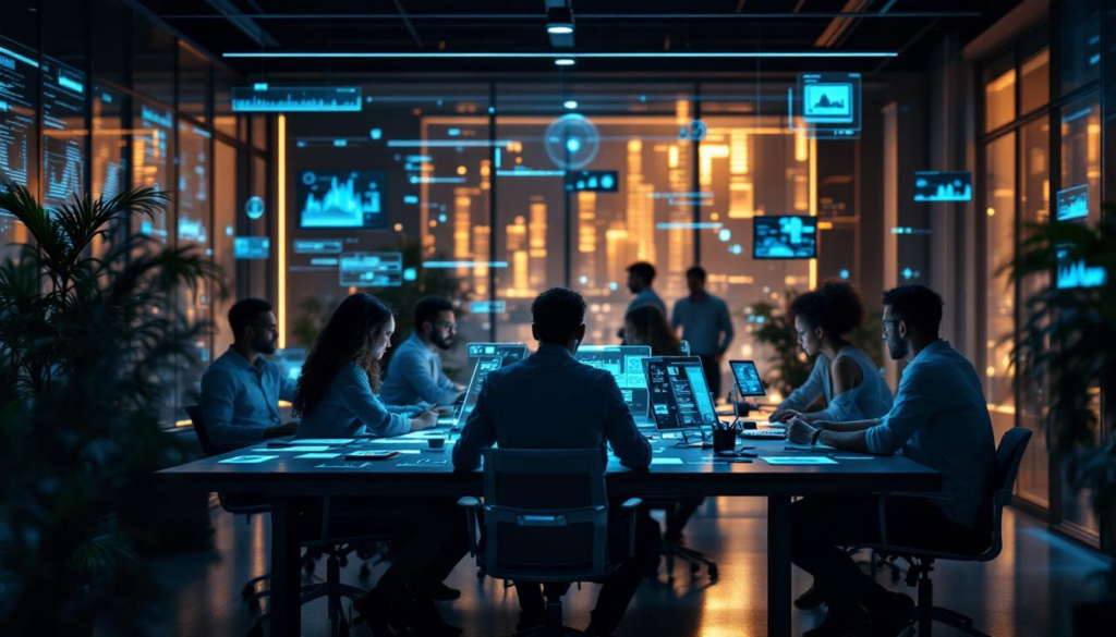 A photograph of a futuristic workspace featuring a diverse group of professionals engaging with advanced technology