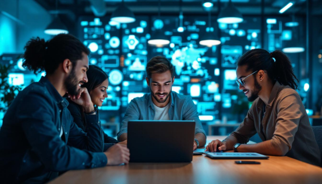 A photograph of a modern office environment where diverse professionals are collaboratively using various ai tools on laptops and tablets