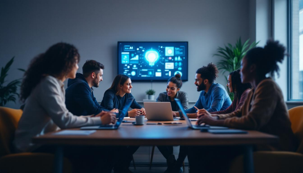 A photograph of a diverse group of professionals collaborating around a table