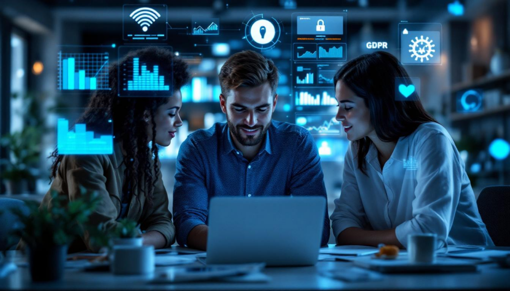 A photograph of a diverse group of professionals engaged in a collaborative discussion around a laptop
