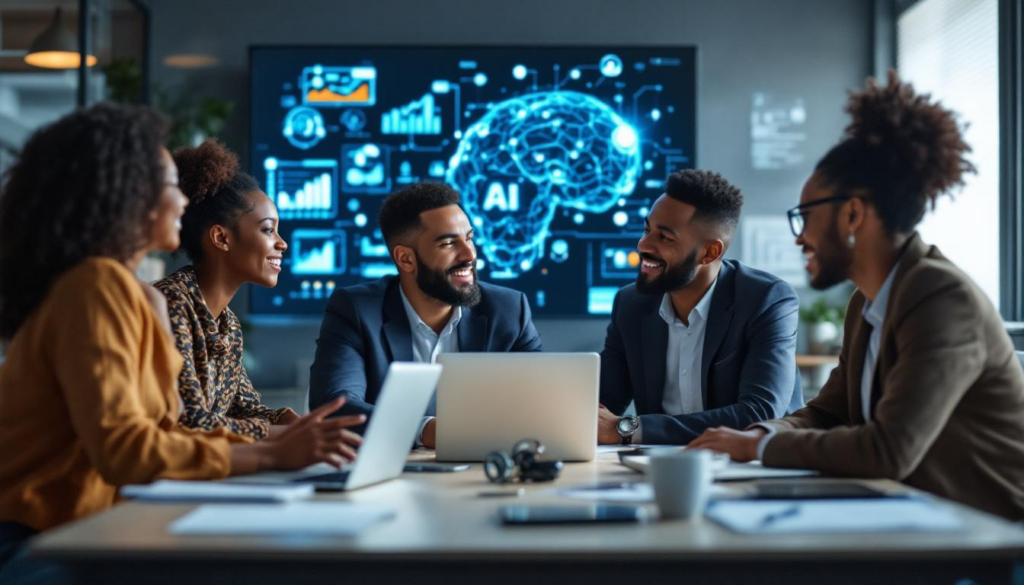 A photograph of a diverse group of business professionals engaged in a collaborative discussion