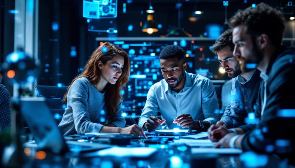 A photograph of a diverse group of professionals engaged in a collaborative brainstorming session