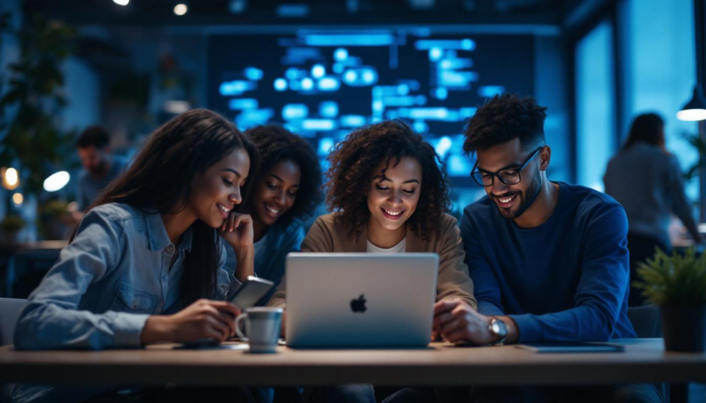 A photograph of a diverse group of people engaging with technology