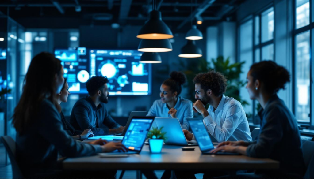 A photograph of a modern office environment where a diverse group of professionals are engaged in a collaborative brainstorming session