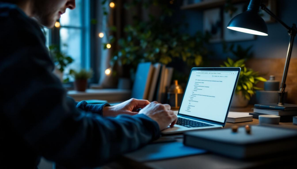 A photograph of a person intently typing on a laptop in a cozy