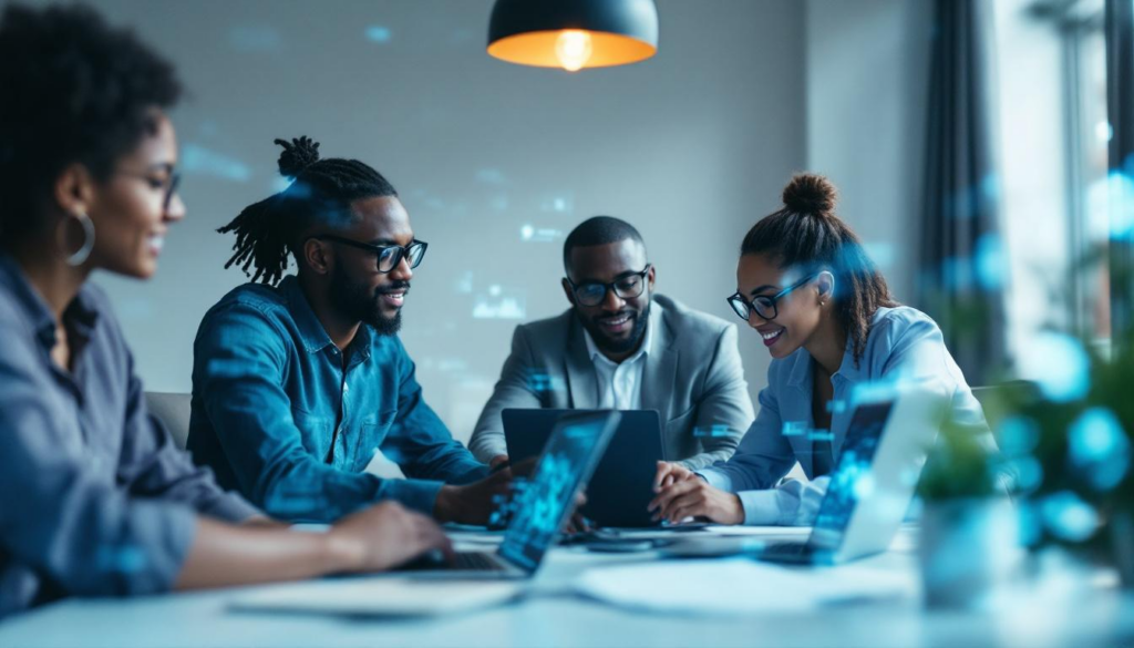 A photograph of a diverse group of small business professionals collaborating around a table