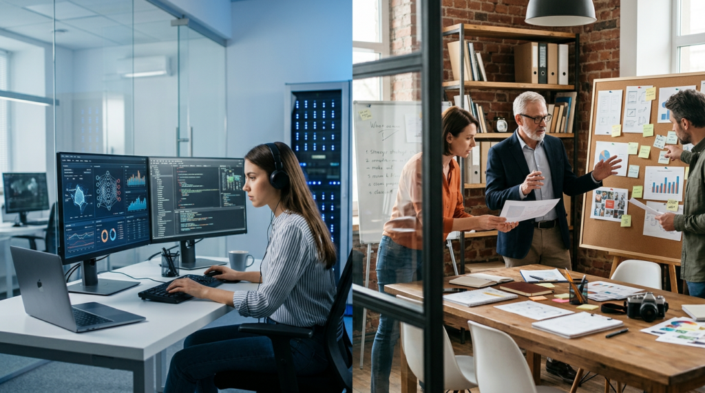 Dataanalytiker jobber med AI-dashboards og kode på flere skjermer mens team planlegger strategi i moderne kontor.