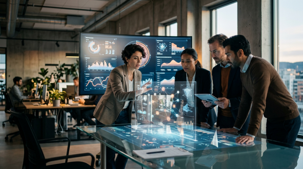 Team diskuterer kunstig intelligens og dataanalyse foran avanserte dashboards i kontormiljø.