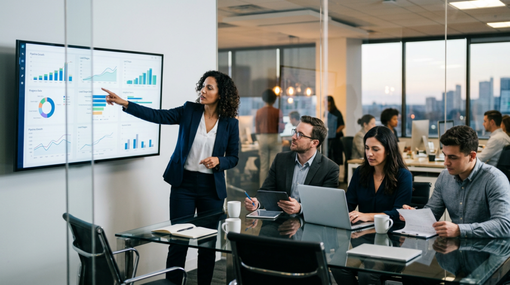 Team analyserer forretningsdata og dashboards på skjerm under strategimøte i moderne kontor.