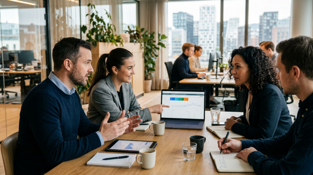 Team analyserer markedsdata og KPI-statistikk på laptop i strategimøte i moderne kontormiljø.