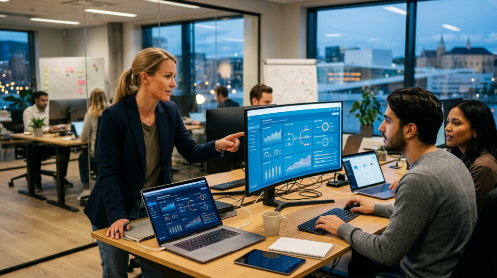 Kollegaer diskuterer forretningsdata og statistikk på skjermer i et moderne kontor.
